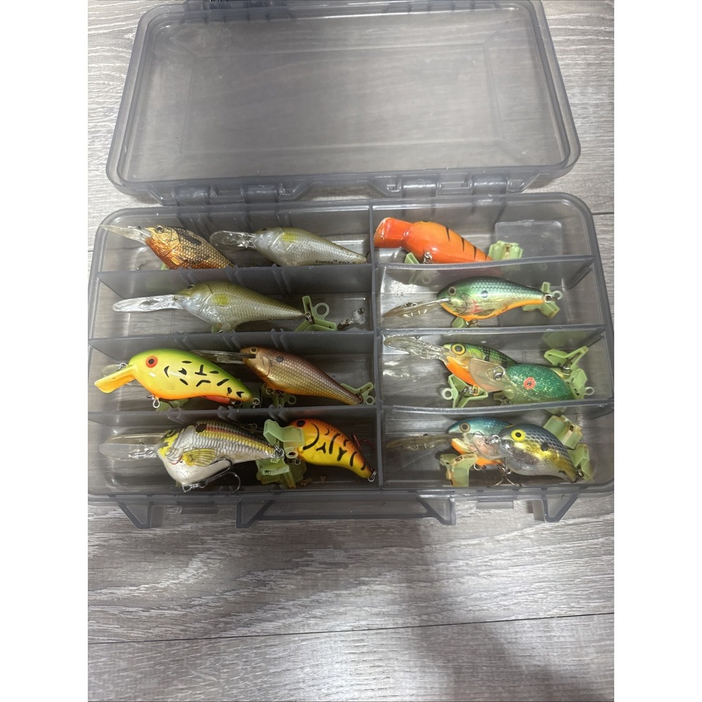 Vintage Crank Bait Lure Lot Of 15 Bomber, Heddon, Rapala, Frenzy, Rebel And Case